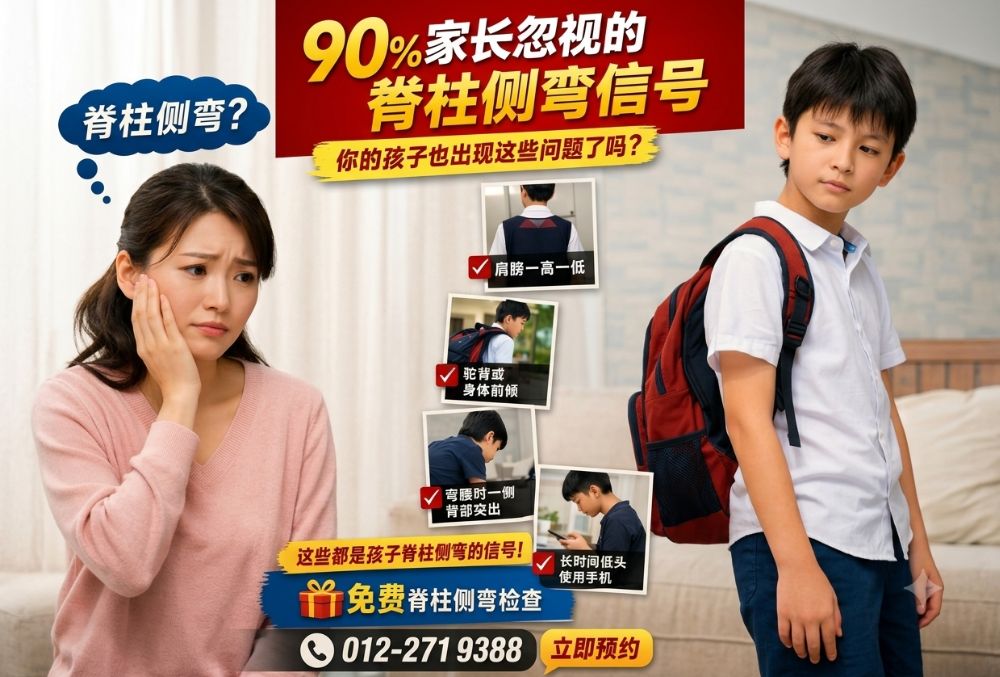 脊椎侧弯症状示意图,提醒家长留意孩子体态变化与背部不对称问题